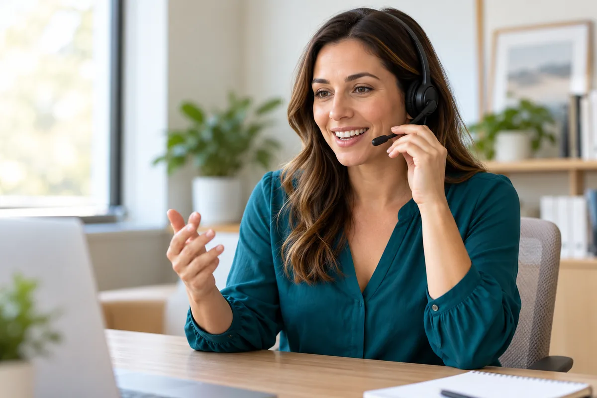 Illustrative call coordinator wearing a headset at a desk