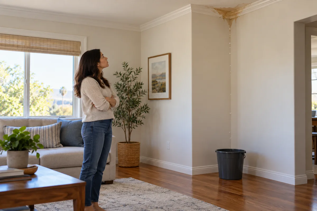 Illustrative homeowner observing a ceiling water stain with a bucket below