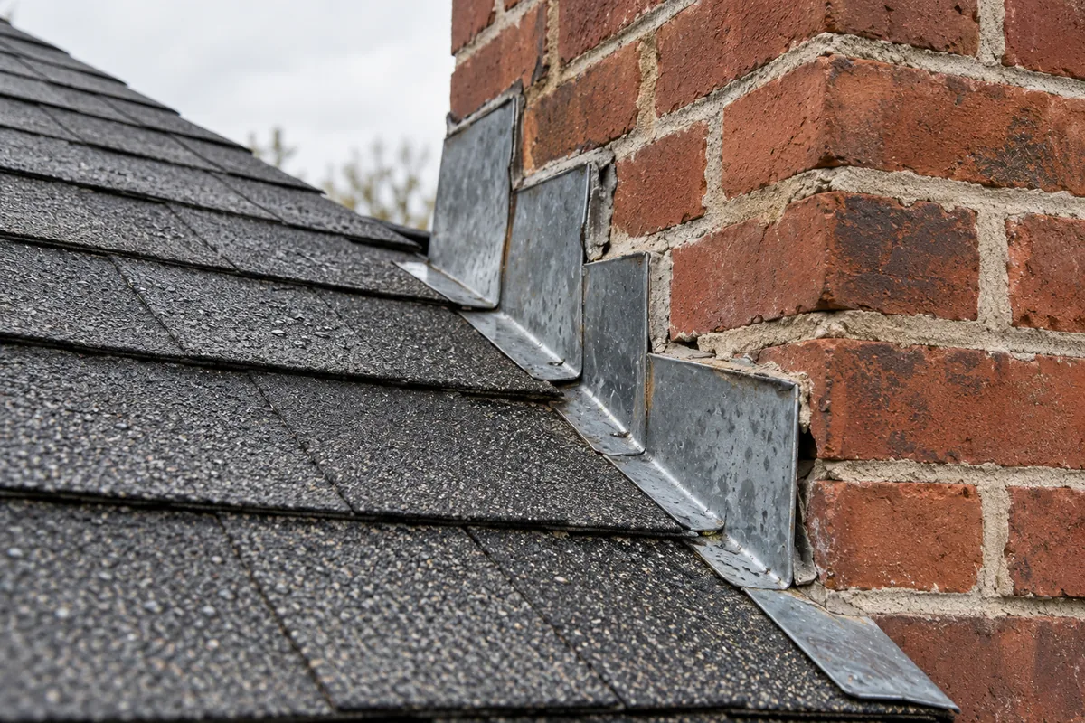 Close view of metal flashing at a brick chimney and asphalt-shingle roof junction
