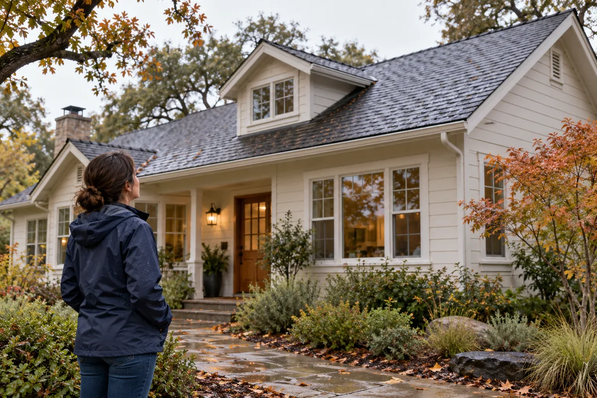 Illustrative homeowner looking toward an asphalt-shingle roof from the ground after rain