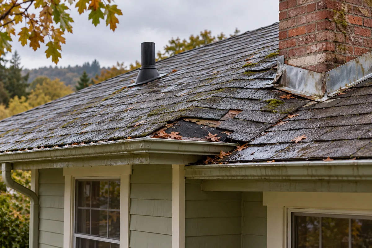 Illustrative roof with missing shingles and weathered chimney and vent flashing after rain