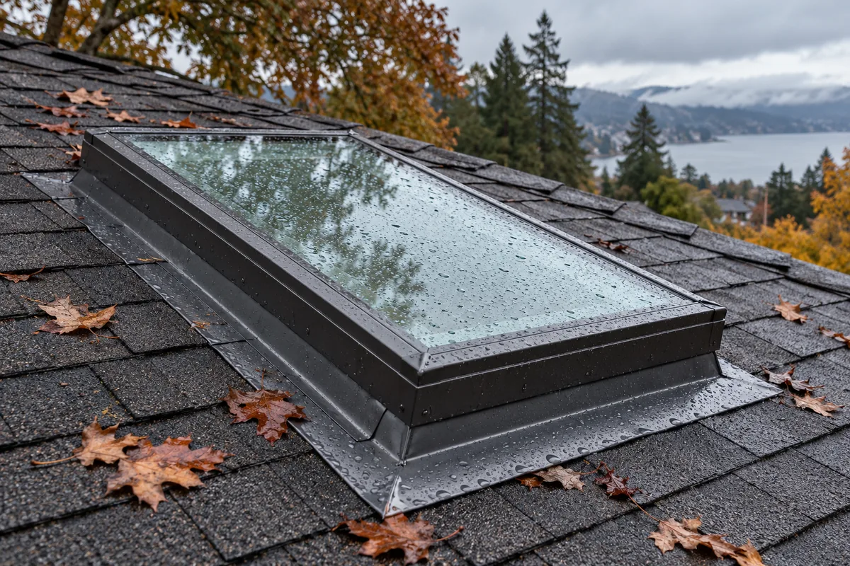 Rain droplets on a curb-mounted skylight with surrounding roof flashing